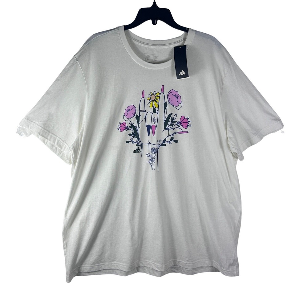 Adidas Mens 2XL White Graphic T-Shirt Floral Hand Love Sign JY8987 NWT